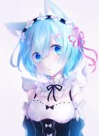 1_female 1girl _zero_kara_hajimeru_isekai_seikatsu animal_ear_fluff animal_ears bangs blue_eyes blue_hair blush dress ears eyes female hair hair_between_eyes hair_ornament hairpin headdress headwear kemonomimi_mode koneko_mari looking_at_viewer maid maid_attire maid_headdress medium_hair medium_length_hair re_zero_kara_hajimeru_isekai_seikatsu rem_(re_zero) rem_(zero) safe signature simple_background solo upper_body white_background // 628x854 // 566.3KB