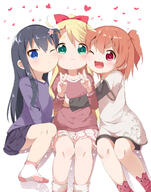 2d_art 3 3girls ;d asymmetrical_hair bangs black_hair blonde_hair blue_eyes bow brown_hair cheek-to-cheek cheek_to_cheek clothing commentary double_peace_sign double_v embracing eyebrows eyes face facial_expression fang female girl_sandwich green_eyes hair hair_between_eyes hair_bow hair_ornament heads_together heart high_resolution highres himesaka_noa hoshino_hinata hug loli long_hair long_sleeves looking_at_viewer makuran multiple_females multiple_girls one_eye_closed open_mouth pixiv_899657 pixiv_94343880 ponytail questionable red_bow red_eyes safe sandwiched sankaku shirosaki_hana short_hair shorts side_ponytail simple_background sitting skirt skyme smile thick_eyebrows tied_hair v watashi_ni_tenshi_ga_maiorita! white_background wink むにむに 白咲花 誕生日 靴下 ｍ－くん // 1289x1635 // 215.5KB