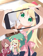 +++ 2_females 2d_art 2girls 3 < >_< ahoge apron bangs blonde_hair blurry blurry_background blush blush_stickers bowl brown_hair cellphone chibi chibi_inset chocolate chocolate_making chocolate_on_face closed_eyes clothing commentary d edition_edition eyebrows eyebrows_visible_through_hair eyes face facial_expression female filming food food_on_face green_eyes hair hair_over_one_eye high_resolution highres himesaka_noa hoshino_miyako_(wataten) indoors jacket long_hair makuran multiple_females multiple_girls one_eye_covered open_mouth open_smile outline phone pink_apron pixiv_899657 pixiv_96251304 point_of_view pov pov_hands recording safe sankaku short_hair skyme smartphone smile solo_focus thick_eyebrows track_jacket valentine watashi_ni_tenshi_ga_maiorita! white_outline wiping_face xd みゃーさん教えてー！ ｍ－くん // 1182x1536 // 180.6KB