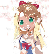 1girl bangs blonde_hair blue_dress blurry blurry_foreground blush bow branch commentary_request covered_mouth depth_of_field dress eyebrows_visible_through_hair flower green_eyes hair_bow hand_up highres himesaka_noa holding holding_flower long_hair long_sleeves looking_at_viewer makuran parted_bangs pink_flower ponytail red_bow school_uniform shirt short_eyebrows sleeveless sleeveless_dress solo thick_eyebrows upper_body watashi_ni_tenshi_ga_maiorita! white_flower white_shirt // 1087x1200 // 130.2KB