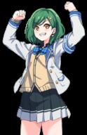 1_female 1girl bangs black_shirt black_skirt blazer blue_bow bow clenched_hands clothing collar collared_shirt eyebrows eyebrows_visible_through_hair face facial_expression female flexing green_hair hair jacket karahai_(31448823) kitakouji_hisui nijisanji pose safe sharp_teeth shirt short_hair simple_background skirt smile solo teeth transparent_background vest virtual_youtuber white_background white_jacket yellow_vest // 581x899 // 302.1KB