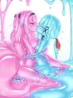 2girls animal_tail asymmetrical_docking black_bow blue_hair blue_skin blue_slime blush bow breast-to-breast breast_press breasts closed_eyes clothing colored_skin commentary_request curss docking embracing eyebrows eyebrows_visible_through_hair eyes_closed female fox_tail goo_girl hair hair_bow hair_ornament hair_ribbon hairband hand_on_another's_back hand_on_another's_hip headband headwear heart high_resolution hug kiss large_breasts lesbian long_hair medium_breasts monster_girl multiple_females multiple_girls multiple_tails nude original pink_eyes pink_hair pink_skin pink_slime ponytail questionable ribbon see-through shiny simple_background slime slime_(substance) slime_girl slime_monster small_breasts tagme tail tied_hair translucent_skin wet x_hair_ornament yuri // 1478x1971 // 310.5KB