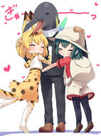 10s ^_^ animal_ears animal_print armwear backpack bag belt black_hair black_legwear blonde_hair blush bucket_hat closed_eyes commentary commentary_request elbow_gloves extra_ears eyebrows eyebrows_visible_through_hair facial_expression girl_sandwich gloves hand_on_another's_head hand_on_head hat hat_feather headwear heart helmet high-waist_skirt high-waisted_skirt high_resolution hug incredibly_cute kaban_(kemono_friends) kemono_friends legwear lolibooru.moe makuran mask multicolored multicolored_clothes multicolored_gloves multicolored_legwear multicoloured multicoloured_clothes multicoloured_gloves multiple_girls pantyhose partial_commentary pith_helmet pixiv_66522714 pixiv_899657 print_gloves print_legwear print_neckwear print_skirt red_shirt sandwiched sankaku_channel serval_(kemono_friends) serval_ears serval_print serval_tail shirt shorts simple_background skirt skyme sleeveless smile tail tatsuki_(person) tiptoes white_background white_gloves white_legwear yellow_gloves yellow_legwear yellow_skirt かばんちゃん たつき監督 たつき監督ありがとう ｍ－くん // 1141x1546 // 920.3KB