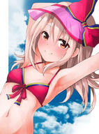 1_female 1girl armpits arms_raised_up arms_up bangs bare_shoulders bikini blue_sky blush bow breasts collarbone eyes face facial_expression fate fategrand_order fatekaleid_liner_prisma_illya fate_(series) fate_grand_order female hair illyasviel_von_einzbern illyasviel_von_einzbern_(swimsuit_archer)_(fate) k352672n long_hair looking_at_viewer mochi_(k620803n) navel neck pink_bikini pink_swimsuit red_bow red_eyes safe sankaku_channel shoulders sky small_breasts smile solo stomach swimsuit swimwear thighs visor_cap wet white_hair // 742x1000 // 376.6KB