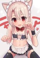 1_female 1girl alternate_costume animal_ear_legwear animal_ears animal_tail apron background_text bandeau bangs bare_shoulders bell black_legwear black_skirt blush bow bowtie breasts cat_ear_legwear cat_ears cat_tail commentary cross-laced_clothes ears eyes face facial_expression fate fatekaleid_liner_prisma_illya fate_(series) fate_kaleid_liner_prisma_illya female frills hair hair_between_eyes headdress headwear high_resolution highres illyasviel_von_einzbern jingle_bell legwear lolibooru.moe long_hair looking_at_viewer maid_attire maid_headdress miniskirt navel neckwear open_mouth pan_korokorosuke paw_pose red_eyes safe shoulders sidelocks sitting skirt small_breasts smile solo stomach tail thighhighs translated translation_request waist_apron white_apron white_hair wrist_cuffs // 929x1340 // 878.0KB