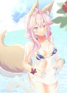 1_female animal_ear_fluff animal_ears animal_tail artist_name bikini bikini_under_clothes blue_bikini blue_swimsuit blush breasts cleavage clothing collarbone covered_navel ears eyebrows eyebrows_visible_through_hair fate fategrand_order female fox_ears fox_girl fox_tail hair high_resolution hiiro_yuya large_breasts looking_at_viewer nature navel neck ocean outdoors outside pink_hair safe see-through shirt side-tie_bikini sitting solo stomach swimsuit swimwear tail tamamo_(fate) tamamo_(fate)_(all) tamamo_no_mae_(swimsuit_lancer)_(fate) wet wet_clothes wet_shirt yellow_eyes // 1323x1840 // 1.5MB
