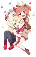 2d_art 2girls ;d animal_costume animal_ears antlers bangs bell belt black_legwear blonde_hair boots brown_gloves brown_hair capelet christmas christmas_ornaments christmas_outfit clothing commentary_request costume d deer_ears ears eyes face facial_expression fake_animal_ears fake_antlers fang female footwear full-length_portrait full_body fur fur_trim gloves green_eyes hair hairband hand_holding handbell hat headwear high_resolution highres himesaka_noa holding holding_bell holding_hands horns hoshino_hinata legwear looking_at_viewer makuran multiple_females multiple_girls one_eye_closed one_side_up open_mouth open_smile pantyhose pixiv_899657 pixiv_94983135 red_eyes red_footwear reindeer_costume safe sankaku santa_costume santa_hat short_hair simple_background skin_fang skyme smile watashi_ni_tenshi_ga_maiorita! white_background wink わたてんクリスマス部 ｍ－くん // 1000x1600 // 151.8KB