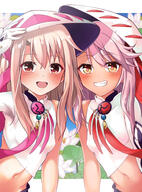 2girls bangs black_skirt blush breasts chloe_von_einzbern cosplay crop_top dark-skinned_female dark_skin fate_(series) fate_kaleid_liner_prisma_illya flower grin hair_between_eyes highres ichimegasa illyasviel_von_einzbern long_hair long_skirt long_sleeves looking_at_viewer midriff mochi_(k620803n) multiple_girls nakayoshi_saber navel open_mouth orange_eyes pink_hair red_eyes revision sash shirt sidelocks single_sleeve skirt small_breasts smile tassel trung_nhi_(fate) trung_nhi_(fate)_(cosplay) trung_sisters trung_trac_(fate) trung_trac_(fate)_(cosplay) white_hair white_headwear white_shirt // 1109x1500 // 841.8KB