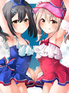 2girls arm_up armpits bangs bare_shoulders black_hair blue_swimsuit blush bow breasts brown_eyes cape collarbone commentary_request cosplay covered_navel dress_swimsuit eyes face facial_expression fate fategrand_order fatekaleid_liner_prisma_illya fate_(series) fate_grand_order fate_kaleid_liner_prisma_illya female grin hair illyasviel_von_einzbern illyasviel_von_einzbern_(swimsuit_archer)_(fate) illyasviel_von_einzbern_(swimsuit_archer)_(fate)_(cosplay) inflatable_armbands k352672n lolibooru.moe long_hair looking_at_viewer matching_outfit miyu_edelfelt mochi_(k620803n) multiple_females multiple_girls navel neck one-piece_swimsuit orange_eyes pink_cape red_bow red_eyes red_swimsuit safe sankaku_channel shoulders small_breasts smile star_(symbol) star_print stomach swimsuit swimwear thighs tied_hair twintails visor_cap white_hair // 742x1000 // 499.3KB