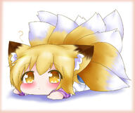 1_female < animal_ear_fluff animal_ears animal_tail blonde_hair blush border bright_pupils chibi commentary danbooru dress ears eyebrows eyebrows_visible_through_hair female fox_ears fox_tail hair hair_between_eyes looking_at_viewer lying multiple_tails no_hat no_headwear on_stomach pink_border point_of_view question_mark safe safebooru sankaku_channel shadow short_hair simple_background solo tail touhou white_background white_dress white_pupils yairenko yakumo_ran yellow_eyes // 1250x1050 // 420.1KB