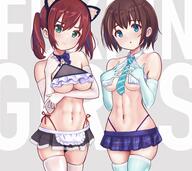 2girls abs armwear black_skirt blue_eyes blue_gloves blue_legwear blue_skirt blush breasts brown_hair cat_ear_hairband clothed_female clothing elbow_gloves english english_text eyebrows eyebrows_visible_through_hair eyes female gloves green_eyes hair high_resolution legwear medium_hair medium_length_hair miniskirt multiple_females multiple_girls muscles navel necktie neckwear original pan_korokorosuke red_hair skirt standing stomach text thigh-highs thighhighs thighs tied_hair twintails very_high_resolution white_gloves white_legwear zettai_ryouiki // 4096x3639 // 1.5MB