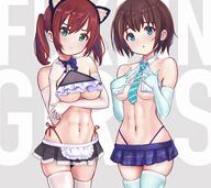 2_females 2girls abs armwear black_skirt blue_eyes blue_gloves blue_legwear blue_skirt blush breasts brown_hair cat_ear_hairband clothed_female clothing elbow_gloves english english_text eyebrows eyebrows_visible_through_hair eyes female gloves green_eyes hair high_resolution legwear medium_hair medium_length_hair miniskirt multiple_females multiple_girls muscles navel necktie neckwear original pan_korokorosuke red_hair skirt standing stomach text thigh-highs thighhighs thighs tied_hair twintails very_high_resolution white_gloves white_legwear zettai_ryouiki // 4096x3639 // 1.5MB