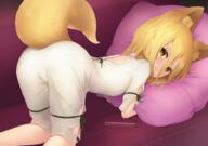 1_female animal_ear_fluff animal_ears animal_tail ass back bangs blonde_hair blush breasts commentary_request couch cushion ears eyebrows eyebrows_visible_through_hair female female_face fox_ears fox_girl fox_tail full-length_portrait hair hair_between_eyes high_resolution jumpsuit kanpa_(campagne_9) kudamaki_tsukasa legs lolibooru.moe looking_at_viewer oigoig romper safe short short_sleeves sleeves small_breasts solo tail test_tube touhou white_jumpsuit yellow_eyes こうかはばつぐんだ! つかさの_しっぽをふる_こうげき！ カンパ ヨツンヴァイン 全裸より着衣の方がエロい件 典ちゃんマジ天使 嗅ぎたい尻 女菅狐 // 2251x1588 // 2.5MB