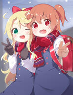 2d_art 2girls ;d ahoge asymmetrical_hair backpack bag bangs black_gloves blonde_hair bow breath brown_hair clothing commentary d dress eyebrows eyebrows_visible_through_hair eyes face facial_expression fang female gloves green_hair hair hair_between_eyes hair_bow hair_ornament high_resolution highres himesaka_noa hoshino_hinata loli long_sleeves looking_at_viewer makuran multiple_females multiple_girls nos one_eye_closed open_mouth open_smile pixiv_899657 pixiv_94814712 ponytail randoseru red_bow red_eyes safe sankaku scarf school_uniform shared_clothes shared_scarf side_ponytail skyme smile thick_eyebrows tied_hair uniform useless_tags v watashi_ni_tenshi_ga_maiorita! wink ひなノア 相々マフラー ｍ－くん // 1140x1476 // 190.9KB