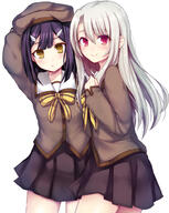 2girls arm_up atfbooru.ninja blush bow brown_eyes clothing cowboy_shot duo eyes face facial_expression fate fatekaleid fatekaleid_liner_prisma_illya fate_(series) fate_kaleid_liner_prisma_illya female grey_hair hair hair_clip hair_ornament hairclip hairpin hat headwear homurahara_academy_uniform illyasviel_von_einzbern jewelry kamanatsu kamanatsu_(wind_beast) kantai_collection km59 long_hair long_sleeves looking_at_viewer miyu_edelfelt miyuki_(kantai_collection) multiple_females multiple_girls one_arm_up parted_lips pleated_skirt point_of_view purple_hair red_eyes safe sailor_uniform school_uniform schoolgirl_uniform serafuku short_hair silver_hair simple_background skirt sleeves_past_wrists smile uniform untitled white_background white_hair yellow_eyes young かまなつ イリみゆ イリ美遊 プリズマ☆イリヤ1000users入り // 800x1002 // 415.3KB
