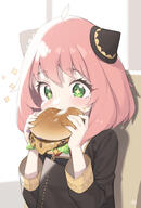 +_+ 1_female 1girl absurd_resolution ahoge animal_ears anya_(spy_x_family) anya_forger bangs black_jacket blazer blush bow burger cat_ears cheese child cloba cloba377 clothing commentary ears eating eden_academy_uniform eyebrows eyebrows_visible_through_hair eyes female food food_on_face gold_trim green_eyes hair hamburger hands_up high_resolution holding holding_food holding_object jacket lettuce long_sleeves nekomimi pink_hair safe school_uniform short_hair signature solo sparkle sparkling_eyes spy_x_family spyxfamily symbol-only_commentary symbol-shaped_pupils uniform upper_body very_high_resolution young // 2132x3140 // 740.5KB