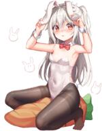 1_female 1girl animal_ears animal_tail armpits arms_raised_up arms_up bangs bare_shoulders black_legwear black_stockings black_tights blush bow bowtie breasts bunny-shaped_pupils bunny_ears bunny_girl bunny_hair_ornament bunny_suit bunny_tail clothing commentary_request detached_collar ears eyebrows eyebrows_visible_through_hair eyes fake_animal_ears female full-length_portrait full_body hair hair_between_eyes hair_ornament holding_ears legwear leotard long_hair looking_at_viewer mannack navel_outline neck neckwear no_shoes one_side_up open_mouth original pantyhose parted_lips playboy_bunny rabbit_ears rabbit_tail red_bow red_eyes red_neckwear safe sankaku shoulders simple_background small_breasts solo stockings strapless strapless_leotard stuffed_carrot stuffed_food stuffed_toy tail thighband_pantyhose very_long_hair white_background white_hair white_leotard wrist_cuffs キュミ キュミ19 キュミフィギュア化が確定 // 822x1053 // 632.7KB