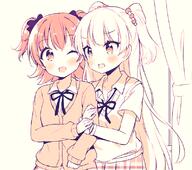 10s 2girls ;d akagi_miria arm_grab blush bow cardigan clothing d explicit face facial_expression fang female grabbing hair hair_bow hair_ornament hair_tie idolmaster idolmaster_cinderella_girls jougasaki_rika lesbian long_hair long_sleeves multiple_females multiple_girls one_eye_closed open_mouth open_smile safe sankaku_channel school_uniform short short_hair short_sleeves sketch sleeves smile the_idolm@_cinderella_girls the_idolm@ster tied_hair twintails two_side_up uniform wink yazawa_oke yuri // 798x707 // 388.9KB