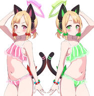 2girls absurdres animal_tail arm_up blonde_hair blue_archive blush cat_ear_headphones cat_tail collarbone eyes face facial_expression female green_eyes hair hair_ribbon halo headphones highres lolibooru.moe looking_at_viewer midori_(blue_archive) momoi_(blue_archive) multiple_females multiple_girls navel neck pn_(wnsl216) ponytail red_eyes ribbon safe saiba_midori saiba_momoi scrunchie short_hair siblings simple_background smile stomach swimsuit swimwear tail tied_hair twins white_background // 2604x2648 // 2.2MB