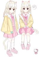 2girls animal_ear_fluff animal_ears animal_tail blonde_hair bow cat_ears cat_girl cat_tail catgirl character_hair_ornament clothing coat commentary ears expressionless feline_characteristics female full-length_portrait full_body hair hair_ornament hawawa hello_kitty hello_kitty_(character) high_resolution highres kitty_white legwear long_hair multiple_females multiple_girls nekomimi o open_mouth original pantyhose parfait_(hawawa) pink_serafuku safe sankaku school_uniform schoolgirl_uniform serafuku shirt sitting skirt symbol-only_commentary tail tamagotchi uniform white_legwear // 849x1231 // 141.1KB