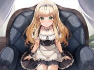 apron blonde_hair blush choker couch eyes female green_eyes hair headband j_young jewelry long_hair maid necklace original safe thighhighs wristwear // 6000x4500 // 14.2MB