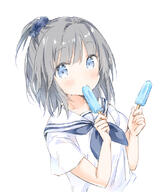1_female 1girl bangs blue_eyes blue_neckwear blue_scrunchie blush bodily_fluids closed_mouth clothing commentary commentary_request cropped_torso eyebrows eyebrows_visible_through_hair eyes female food grey_hair hair hair_ornament hair_scrunchie hands_up holding holding_food neckerchief original ponytail popsicle safe sailor_collar school_uniform schoolgirl_uniform scrunchie serafuku shirt short short_sleeves simple_background sleeves solo sweat tied_hair uniform upper_body wataame27 white_background white_sailor_collar white_shirt // 674x790 // 215.5KB