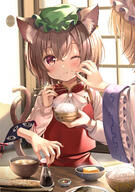 3girls ;t animal_ear_fluff animal_ears animal_tail bangs blonde_hair blush bow bowl brown_hair cat_ears cat_tail catgirl chen chopsticks closed_mouth clothing commentary_request ear_piercing ears eating eyebrows eyebrows_visible_through_hair eyes feline_characteristics female fish food food_on_face gap_(touhou) green_headwear hair hair_between_eyes hat headwear high_resolution holding holding_bowl holding_chopsticks korokoroudon lolibooru.moe long_sleeves mob_cap multiple_females multiple_girls nekomata out_of_frame piercing red_eyes red_skirt red_vest rice rice_bowl rice_on_face safe shirt skirt soy_sauce tail tail_raised touhou vest white_bow white_headwear white_shirt wide_sleeves yakumo_ran yakumo_yukari yuuka_nonoko なにこれかわいい ののこ ののこ＠2日目南る33a ほのぼの東方 八雲一家 八雲一家の食卓 少女食事中 橙 // 1000x1425 // 1010.1KB