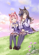 2_females 2girls ^_^ animal_ears animal_tail bangs black_footwear black_hair black_legwear blue_shirt blue_skirt blush closed_eyes closed_mouth clothing cloud clouds commentary_request d ears eyebrows eyebrows_visible_through_hair eyes face facial_expression female flower footwear grass hair hair_between_eyes hair_over_one_eye haru_urara_(umamusume) high_ponytail horse_ears horse_girl horse_tail legwear long_hair long_sleeves multiple_females multiple_girls on_grass open_mouth outdoors outside pink_flower pink_hair pleated_skirt ponytail purple_eyes rice_shower_(umamusume) safe school_uniform shirt shoes sitting skirt smile sunset tail thigh-highs thighhighs tied_hair tracen_school_uniform umamusume uniform very_long_hair violet_eyes wataame27 // 627x885 // 353.1KB