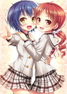 2girls akashio_(loli_ace) akasio alternate_costume bangs black_hair blush blushing_cheeks clothing cowlick curly curly_hair d dress duo explicit eyes face facial_expression female gochiusa gochuumon_wa_usagi_desu_ka? hair hair_bangs hair_ornament hair_tie hands_on_another's_shoulders happy high_resolution hug jouga_maya lolibooru.moe long_hair looking_at_viewer multiple_females multiple_girls natsu_megumi necktie neckwear open_mouth open_smile pattern plaid plaid_skirt pleated_skirt point_of_view pointing red_eyes red_hair safe sankaku_channel school_uniform short_hair skirt smile tedeza_rize's_school_uniform tied_hair twintails uniform yellow_eyes // 858x1200 // 839.5KB