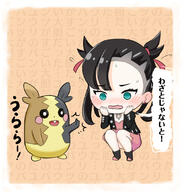 1_female 1girl 2 @_@ asymmetrical_bangs asymmetrical_hair bangs black_hair black_jacket blush chibi commentary_request creatures_(company) dress earrings eyes female game_freak gen_8_pokémon green_eyes hair hair_ornament hair_ribbon hands_on_own_cheeks hands_on_own_face jacket jewelry long_sleeves marnie_(pokemon) mary_(pokémon) morpeko morpeko_(full) nintendo open_clothes open_mouth pan_korokorokoro pan_korokorosuke pink_dress pokemon pokemon_(creature) pokemon_(game) pokemon_swsh pokémon pokémon_sword_and_shield red_ribbon ribbon safe sankaku sankaku_channel squatting terte translation_request wavy_mouth うっかり パンコロコロスケ // 1059x1101 // 571.9KB