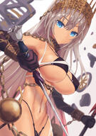 1_female 1girl abs archer_(zenobia) armwear ballista bangs bare_shoulders bikini black_bikini black_gloves black_legwear black_swimsuit blonde_hair blue_eyes breasts chain cleavage clothing crown cuffs dark-skinned_female dark_skin drawing_error earrings elbow_gloves eyes fanart fanart_from_pixiv fate fategrand_order fate_(series) fate_grand_order female female_only female_solo gloves grey_hair hair headwear highleg highleg_bikini highleg_swimsuit jewelry large_breasts legwear long_hair looking_at_viewer muscle muscles navel neck_ring pan_korokorosuke pixiv pixiv_id_3806914 polearm safe shoulders solo spear swimsuit swimwear sword thighhighs thighs weapon zenobia_(fate) // 431x612 // 331.2KB