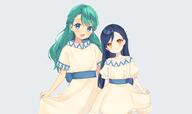 2girls aqua_eyes blue blue_hair blush clothes_lift dress eyes female flat_chest green_hair hair honzuki_no_gekokujou konachan long_hair multiple_females multiple_girls myne orange_eyes rimo skirt skirt_lift tuuli // 2016x1200 // 244.7KB
