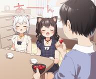 1_male 2girls animal_ears asymmetrical_hair bangs bed bell black_dress black_hair blue_shirt blush bowl cat_ears closed_eyes clothing collar collared_shirt commentary_request dress ears eyebrows eyebrows_visible_through_hair fang female food fruit hair hand_up high_resolution holding holding_bowl holding_food holding_object indoors jingle_bell long_hair male multiple_females multiple_girls neck_bell nekomimi o open_mouth original pattern pillow plaid plaid_dress ponytail red_collar safe sankaku shirt short short_sleeves side_ponytail sleeveless sleeveless_dress sleeves strawberry table tied_hair white_dress white_hair yellow_collar yukie_(kusaka_shi) // 2720x2234 // 777.4KB