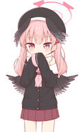 1_female 2 2d_art ayanepuna bangs beret black_headwear black_jacket black_wings blue_archive blush brown_skirt clothing eyebrows eyebrows_visible_through_hair feathered_wings feathers female hair halo hands_up hat head_wings headwear jacket lolibooru.moe long_hair long_sleeves off_shoulder panties pantyshot pantyshot_(squatting) pink_eyes pink_hair pink_neckwear pixiv_94144920 pleated_skirt safe school_uniform schoolgirl_uniform serafuku shimoe_koharu simple_background skirt sleeves_past_fingers sleeves_past_wrists solo squatting standing_position thanders_yuu tied_hair twintails underwear uniform white_background wings ゆーね コハル // 1200x2000 // 856.0KB