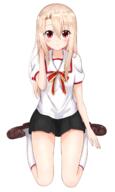 adjusting_hair akagikoku black_skirt blonde_hair blouse blush cute fate_(series) fate_kaleid_liner_prisma_illya fringe full_body girl hair_between_eyes illyasviel_von_einzbern knee_socks light_smile loafers long_hair looking_at_viewer miniskirt o pleated_skirt red_eyes school_uniform shoes short_sleeves simple_background single sitting skirt socks tall_image uniform wariza white_background white_socks // 1000x1670 // 793.9KB