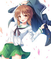 ahoge akashio_(loli_ace) blush brown_eyes brown_hair d girl girls_und_panzer looking_at_viewer nishizumi_miho open_mouth petals serafuku short_hair simple_background single tall_image uniform white_background wind // 1040x1200 // 581.4KB