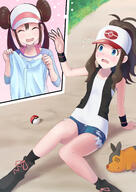 2girls @_@ ahoge antenna_hair arm_support arm_up back_bow bangs bare_shoulders baseball_cap black_footwear black_legwear black_vest blue_eyes blue_shirt blue_shorts blush bodily_fluids bow breasts brown_hair closed_eyes clothing collarbone commentary_request creatures_(company) creatures_inc. day defeat denim denim_shorts double_bun drooling embarrassed eyes face facial_expression female female_focus flat_chest flying_sweatdrops focus_on_female_character footwear game_freak gen_5_pokémon grass hair hair_bun hair_through_headwear hair_tie hands_up happy hat head_tilt headwear high_resolution highres hilda_(pokemon) holding leaning leaning_back legwear long_hair mei_(pokémon) monster multiple_females multiple_girls neck nervous nintendo nose_blush open_mouth outdoors outside pan_korokorokoro pan_korokorosuke poke_ball poke_ball_(basic) poke_ball_(generic) poke_ball_(symbol) poke_ball_symbol poke_ball_theme pokemon pokemon_(creature) pokemon_(game) pokemon_black_&amp;_white pokemon_black_2_&amp;_white_2 pokemon_bw pokemon_bw2 poké_ball pokémon pokémon_black_&_white pokémon_black_&_white_2 ponytail protagonist_(pokemon) raglan_sleeves red_headwear rosa_(pokemon) safe saliva sankaku_channel shiny shiny_hair shirt shoes short_shorts shorts shoulders sidelocks sitting sleeveless sleeveless_shirt small_breasts smile socks sweat sweatband tears tepig tied_hair touko_(pokémon) twintails upper_body vest white_shirt wide-eyed // 1505x2125 // 1.7MB