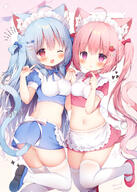 2_girls 2d_art 2girls ;d ahoge animal_ear_fluff animal_ears animal_tail anime-pictures.net apron arm_up arms_raised_up arms_up ass asymmetrical_docking bangs bare_belly blue_bow blue_footwear blue_hair blue_shirt blue_skirt blunt_bangs blush bobby_pin bow breast_press breasts cat_ears cat_girl cat_tail catgirl clothes_lift clothing commentary_request cowboy_shot crop_top docking ears eyebrows eyebrows_visible_through_hair eyes face facial_expression feet feline_characteristics female fish_hair_ornament food-themed_hair_ornament food_themed_hair_ornament girl hair hair_between_eyes hair_bow hair_ornament hair_rings hairclip hand_holding headdress headwear heart heart_hair_ornament high_resolution holding_hands interlocked_fingers jumping kobone_(momozu_komamochi) legs legwear light_erotic lolibooru.moe long_hair looking_at_viewer maid maid_apron maid_attire maid_headdress medium_breasts midriff miniskirt miruku_(momozu_komamochi) momozu_komamochi multiple_females multiple_girls navel nekomimi o one_eye_closed open_mouth original pink_background pink_bow pink_eyes pink_footwear pink_hair pink_shirt pink_skirt pink_tail pixiv_89115122 pointing pointing_at_self puffy_short_sleeves puffy_sleeves purple_eyes questionable red_eyes ribbon safe sankaku sankaku_channel shirt short short_sleeves sidelocks simple_background skindentation skirt skirt_lift sleeves smile soles standing standing_on_one_leg standing_position strawberry_hair_ornament symmetrical_docking tail tall_image thigh-highs thighhighs thighs tied_hair twintails twisted_torso two_side_up uniform white_legwear white_thigh-highs white_thighhighs wink yande.re zettai_ryouiki こぼねちゃんとみるくちゃん 桃豆こまもち@お仕事募集中 // 1488x2082 // 2.4MB