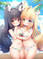 2d_art 2girls 3 absurd_resolution absurdres ahoge animal_ear_fluff animal_ears antenna_hair arm_around_shoulder arm_around_waist bangs bikini black_hair blonde_hair blue_eyes blush borrowed_character breast_press breasts camel_toe cameltoe closed_mouth clothing commentary_request cowboy_shot cowtits day docking ears eyebrows eyebrows_visible_through_hair eyes female fox_ears fox_girl frilled_bikini frilled_swimsuit frills green_eyes hair hair_between_eyes hair_ornament halter_top halterneck hand_on_another's_shoulder hand_up hands_up heterochromia high_resolution highres kitsune leaf lolibooru.moe long_hair looking_at_viewer medium_breasts momozu_komamochi multiple_females multiple_girls navel oppai_loli original outdoors outside pixiv_91820348 q questionable red_eyes sankaku signature standing standing_position stomach striped striped_bikini striped_swimsuit swimsuit swimwear symmetrical_docking tail tongue tongue_out very_high_resolution wet x_hair_ornament 桃豆こまもち@お仕事募集中 // 1907x2571 // 3.2MB