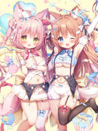 1st_anniversary! 2d_art 2girls animal_ear_fluff animal_ears arm_up bangs black_legwear blue_eyes blush bow bow_legwear breasts brown_hair cleavage cowboy_shot cowtits crop_top d detached_sleeves ears eyes face facial_expression fang female flower garter_straps green_eyes hair hair_bow hair_flower hair_ornament heterochromia high_resolution highres leg_up legwear lolibooru.moe long_hair miniskirt momozu_komamochi multiple_females multiple_girls navel one_eye_closed open_mouth oppai_loli original pink_hair pixiv_92358005 pleated_skirt raised_leg safe short_shorts shorts signature skirt smile standing standing_position tail tail_raised thighhighs two_side_up underboob very_long_hair white_legwear white_shorts white_skirt yellow_eyes 桃豆こまもち@お仕事募集中 // 1031x1381 // 1.5MB
