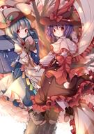 2girls back backpack bag blue_hair blush capelet cherry_blossoms clothing explicit eyes face facial_expression female floating food frills fruit gloves hair hat hat_ribbon high_resolution highres hinanawi_tenshi legwear loli long_hair long_sleeves multiple_females multiple_girls nagae_iku pantyhose peach petals purple_hair red_eyes ribbon safe shawl shirt short short_hair short_sleeves skirt sleeves smile touhou tree tsukimi_(xiaohuasan) white_legwear xiaohuasan young いくてん なにこれかわいい 天子の旅 月見 月見@お仕事募集中 短髪天子 // 1240x1759 // 2.2MB