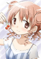 1_female 1girl blush brown_hair cherry double_bun explicit female food fruit hair hidamari_sketch hiro kinfuji pink_hair safe short_hair // 700x1000 // 535.3KB