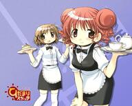 00s 2girls aoki_ume apron art bow bowtie brown_hair cake cup danbooru dessert double_bun female food gelbooru hidamari_sketch hiro legwear multiple_females multiple_girls neckwear official_art pastry safe scan tea thigh-highs thighhighs waist_apron waitress yuno // 1280x1024 // 485.2KB