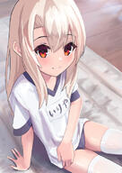 1_female bangs blush bodily_fluids breasts buruma clothing eyes face facial_expression fate fatekaleid_liner_prisma_illya female grey_buruma gym_shirt hair hair_between_eyes illyasviel_von_einzbern legwear lolibooru.moe long_hair looking_at_viewer name_tag pan_korokorosuke questionable red_eyes safe shirt short short_sleeves sidelocks sitting sleeves small_breasts smile solo sweat thighhighs thighs white_hair white_legwear white_shirt // 579x819 // 473.1KB