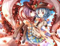 2girls blue_hair blue_sky cloud clouds eyes female food frills fruit hair hat headwear high_resolution highres hinanawi_tenshi leaf maple_leaf multiple_females multiple_girls nagae_iku open_mouth peach purple_hair red_eyes ribbon safe shawl short short_hair short_sleeves sky sleeves touhou tsukimi_(xiaohuasan) xiaohuasan いくてん てんこあいしてる 月見 月見@お仕事募集中 毎月19日は衣玖さんの日 毎月十九日は衣玖さんの日 短髪天子 秋いくてん // 1700x1307 // 3.3MB