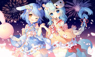 2_females 2girls ;d aerial_fireworks animal_ears animal_tail anthropomorphism azur_lane bangs bare_shoulders blue_eyes blue_hair blue_kimono blue_sleeves blush braid bunny bunny_ears candy character_mask chocolate commentary_request cotton_candy cowboy_shot dessert detached_sleeves dress ears eyebrows eyebrows_visible_through_hair eyes face facial_expression female festival fireworks fish floral_print food frilled_kimono frills green_hair hair hair_between_eyes hair_ornament hand_holding highres holding holding_food holding_hands japanese_clothes kimono lace legwear loli lolibooru.moe lolita_fashion long_hair long_sleeves looking_at_viewer mask mask_on_head mikazuki_(azur_lane) minazuki_(azur_lane) multiple_females multiple_girls mutsuki_face night o one_eye_closed open_mouth partial_commentary petals pink_ribbon ponytail rabbit rabbit_ears red_ribbon ribbed_dress ribbon safe short_kimono shoulders sidelocks skindentation sleeveless sleeveless_kimono smile squirrel_ears squirrel_tail standing standing_position tail taiyaki thighhighs thighs tied_hair tsukimi_(xiaohuasan) very_long_hair wagashi white_legwear wink xiaohuasan yellow_kimono yellow_ribbon yellow_sleeves yukata zettai_ryouiki 三日月(アズールレーン) 夏祭り 月見 本家 水無月(アズールレーン) // 2000x1200 // 2.1MB