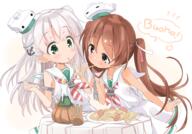 2_girls 2girls anchor anchor_hair_ornament anchor_symbol anthropomorphism bangs blunt_bangs blush brown_eyes brown_hair candle candle_(candles) commentary_request dark-skinned_female dark_skin disney dress eating eyebrows eyebrows_visible_through_hair eyes female floating_hair food fork fringe girl green_eyes grey_hair hair hair_between_eyes hair_ornament hair_ribbon half_updo hat high_resolution highres hizuki_yayoi holding holding_fork inscription italian_text kantai_collection konachan lady_and_the_tramp lesbian libeccio_(kantai_collection) libeccio_destroyer loli long_hair looking_down maestrale_(kantai_collection) meatball mouth_hold multiple_females multiple_girls one_side_up parody pasta ribbon safe sailor_collar sailor_dress sailor_suit seifuku shoujo_ai silver_hair simple_background sleeveless sleeveless_dress spaghetti spaghetti_and_meatballs speech_bubble standing striped striped_neckwear table tablecloth tan tied_hair twintails uniform white_background white_hair yande.re young yuri // 1853x1293 // 1.8MB