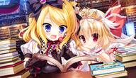 2_females 2girls blonde_hair blue_eyes book cat_smile ears eyes female game_cg gloves hair hat headwear hirohara_nayuta konachan loli mayoeru_futari_to_sekai_no_subete multiple_females multiple_girls pointed_ears pointy_ears red_eyes safe vier wristwear young youta // 1427x820 // 2.4MB