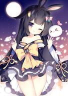 1_female 1_other 1girl 1other 3 animal_ears arms_raised_up arms_up ass ass_visible_through_thighs bangs bare_shoulders black_hair blue_kimono blunt_bangs bow carrot_hair_ornament ears face facial_expression female food-themed_hair_ornament food_themed_hair_ornament full_moon hair hair_bow hair_ornament hairclip japanese_clothes kimono long_hair moon night night_sky off_shoulder one_eye_closed original outdoors outside pink_eyes purple_eyes rabbit_ears ribbon safe short_kimono shoulders sky smile star_(sky) starry_sky stars thigh_gap thighs tsukimi_(xiaohuasan) wind wind_lift // 724x1024 // 125.6KB