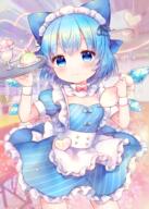 1girl 3 alternate_costume apron blue_bow blue_dress blue_eyes blue_hair blush bow cirno closed_mouth commentary_request cowboy_shot detached_wings dress enmaided fairy hair_between_eyes hair_bow highres holding holding_tray ice ice_wings maid maid_apron maid_headdress pjrmhm_coa puffy_short_sleeves puffy_sleeves short_hair short_sleeves solo touhou tray waist_apron white_apron wings // 1000x1399 // 1.6MB